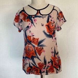 Corey Lynn Calter silk rose print top with lace and cut outs, never worn, XS